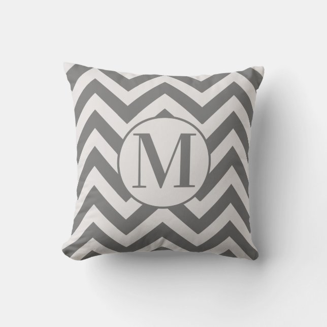 Modern Gray White Chevron Design Monogram Cushion (Front)
