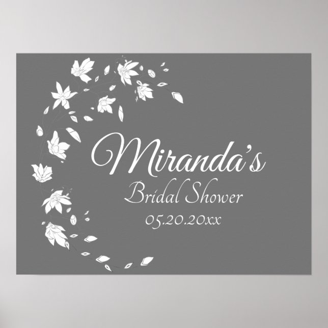 Modern Gray & White Floral Bridal Shower Poster (Front)