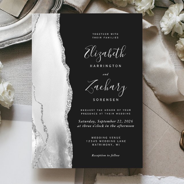 Modern Gray White Silver Agate Slate Wedding Invitation (Creator Uploaded)