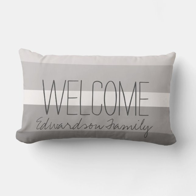 Modern gray white stripes Welcome family name Lumbar Cushion (Front)