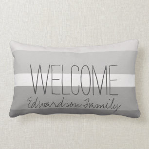 Modern gray white stripes Welcome family name Lumbar Cushion