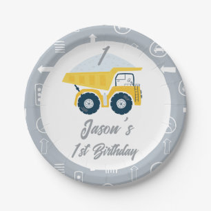 Modern Gray Yellow Dump Truck 1st Birthday Paper Plate