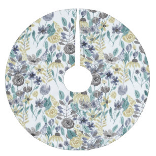 Modern Gray Yellow Floral Watercolor Pattern Brushed Polyester Tree Skirt
