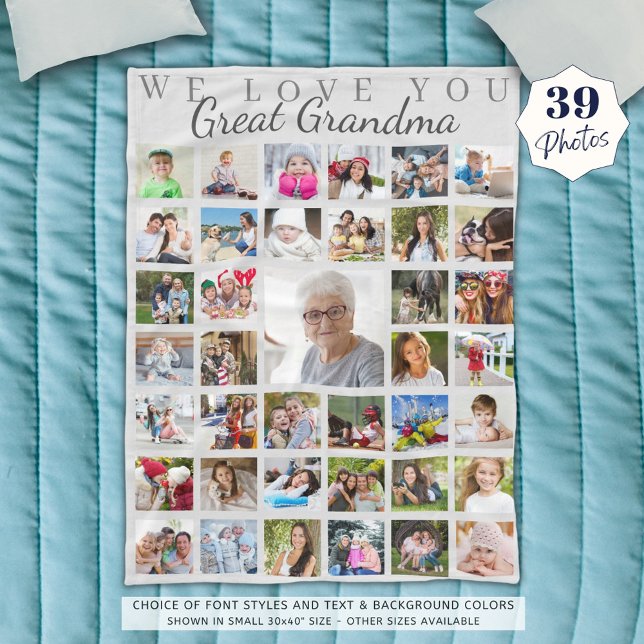 Modern Great Grandma Photo Collage Grey Fleece Blanket (Creator Uploaded)