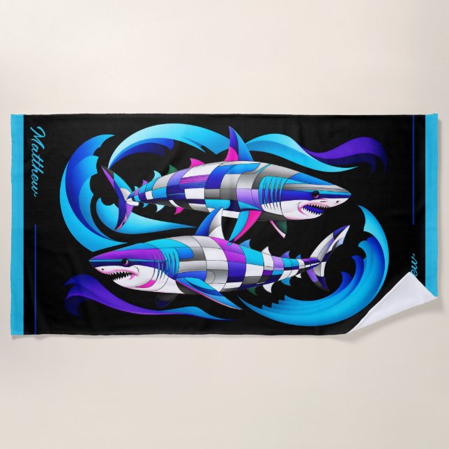 Modern Great White Sharks Customisable Beach Towel (Front)