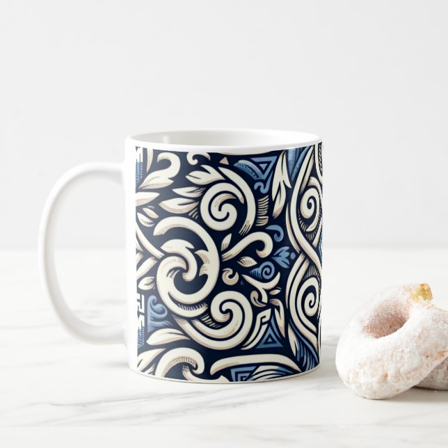 Modern Greek blue and white pattern Coffee Mug (With Donut)