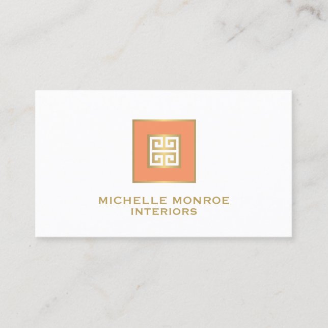 Modern Greek Key Designer Logo Gold/Coral Business Card (Front)