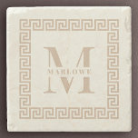 Modern Greek Key Frame Monogram Elegant Blush Stone Coaster<br><div class="desc">Modern and elegant blush monogram coaster with your custom initial and name within a greek key border frame surrounding in coastal mediterranean colour way.</div>