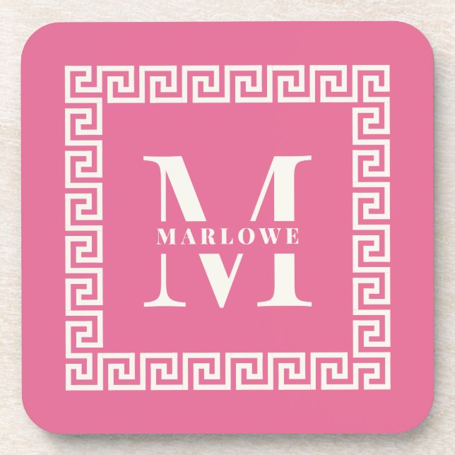 Modern Greek Key Frame Monogram Elegant Pink  Coaster (Front)