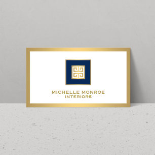 Modern Greek Key Logo Gold/Navy Blue Bordered Business Card