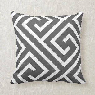 Modern Greek Key Pattern in Charcoal and White Cushion