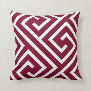 Modern Greek Key Pattern in Cranberry and White Cushion