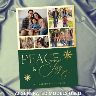 Modern Green 5 Photo Collage Peace & Joy Foil Holiday Card
