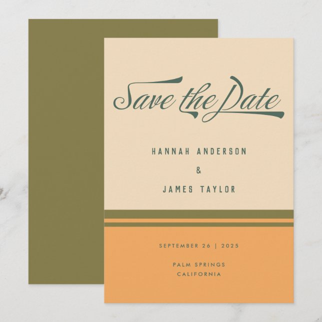 Modern Green 70s Stripes Retro Typography Wedding Save The Date (Front/Back)
