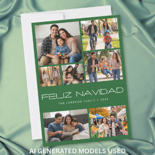 Modern Green 7 Photo Collage Feliz Navidad Holiday Card