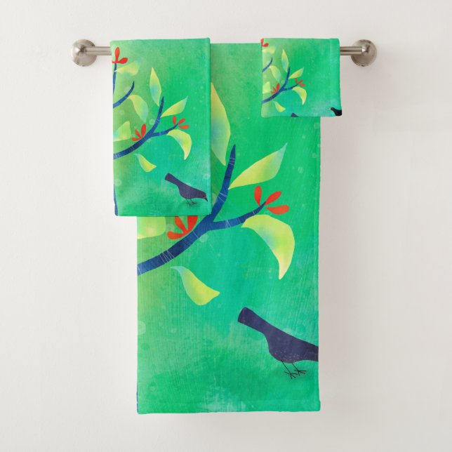 Modern Green Abstract Landscape Bath Towel Set (Insitu)