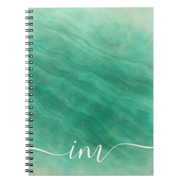 Modern Green Abstract Marble with Initials -  Notebook (Front)