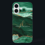 Modern Green Agate Gold Glitter Script Monogram iPhone 16 Case<br><div class="desc">Modern, elegant cell phone case with emerald green agate and marble and faux gold glitter accents personalised with chic handwritten script monogram initials and name. ASSISTANCE: For help with design modification or personalisation, colour change, resizing or transferring the design to another product, contact the designer BEFORE ORDERING via the Zazzle...</div>