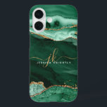 Modern Green Agate Gold Glitter Script Monogram iPhone 16 Case<br><div class="desc">Modern, elegant cell phone case with emerald green agate and marble and faux gold glitter accents personalised with chic handwritten script monogram initials and name. ASSISTANCE: For help with design modification or personalisation, colour change, resizing or transferring the design to another product, contact the designer BEFORE ORDERING via the Zazzle...</div>