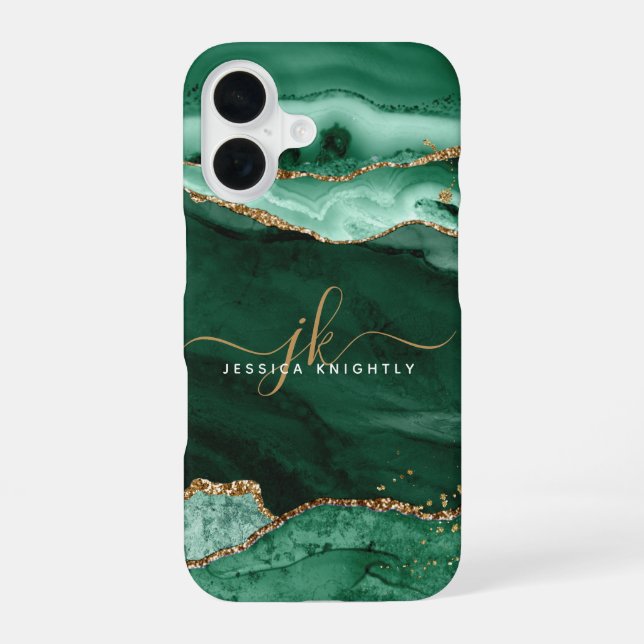 Modern Green Agate Gold Glitter Script Monogram iPhone 16 Case (Back)