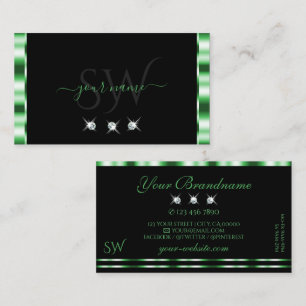 Modern Green and Black Sparkling Diamonds Initials Business Card