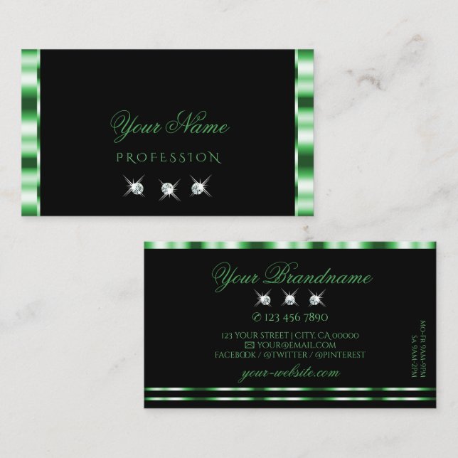 Modern Green and Black Sparkling Diamonds Stylish Business Card (Front/Back)