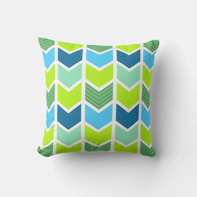 Modern Green and Blue Geometric Chevron Pattern Cushion (Front)