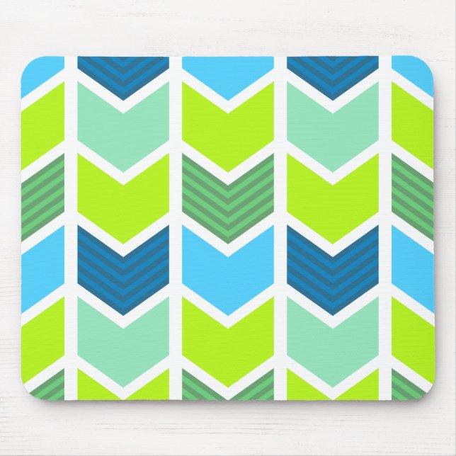 Modern Green and Blue Geometric Chevron Pattern Mouse Mat (Front)