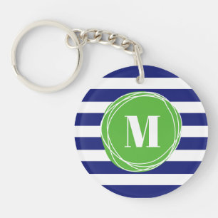 Modern Green And Blue Stripes Monogram Key Ring