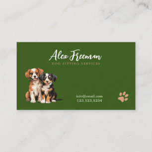 Modern Green and Brown Puppies Dog Sitting Business Card