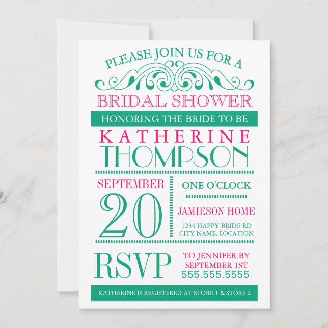 Modern Green and Fuchsia Bridal Shower Invitation (Front)