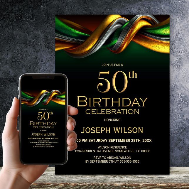 Modern Green and Gold 50th Birthday Party Invitation (Creator Uploaded)