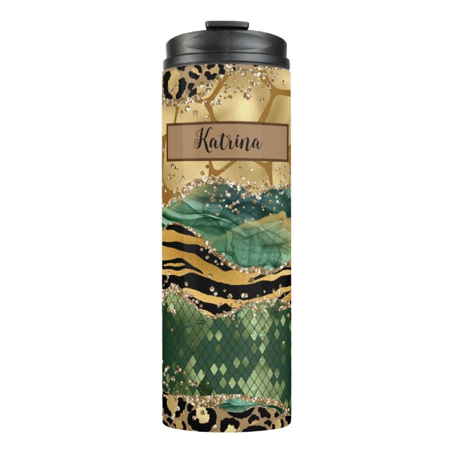 Modern Green and Gold Animal Print Agate  Thermal Tumbler (Front)