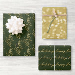 Modern Green and Gold Calligraphy Christmas Wrapping Paper Sheet<br><div class="desc">Custom-designed wrapping paper sheets featuring "Happy Holidays" modern gold hand calligraphy with gold bokeh and foliage design.</div>