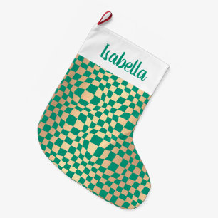 Modern Green and Gold Chequered Pattern Large Christmas Stocking