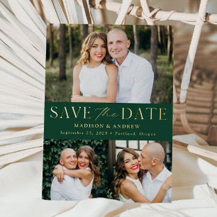 Modern Green and Gold Foil 3 Photo Save the Date