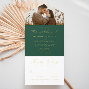 Modern Green and Gold Foil Script Photo Wedding All In One Invitation