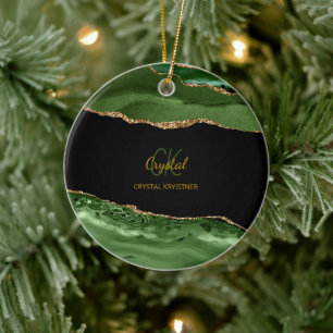 Modern Green and Gold Glitter Monogram Ceramic Tree Decoration