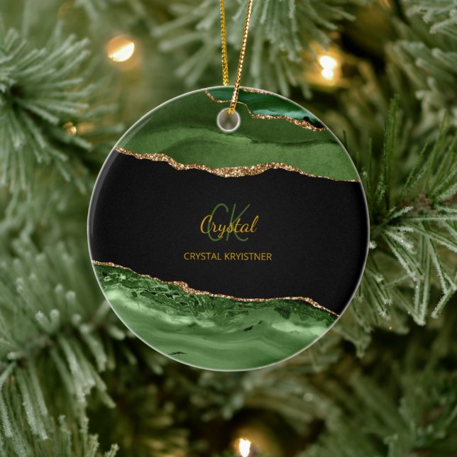Modern Green and Gold Glitter Monogram  Ceramic Tree Decoration (Tree)