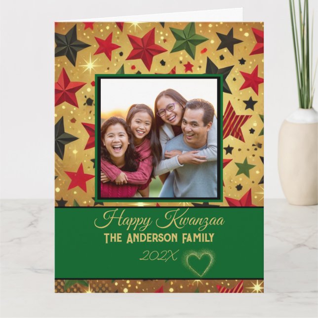 Modern Green and Gold Patten Family Photo Kwanzaa Card (Front)