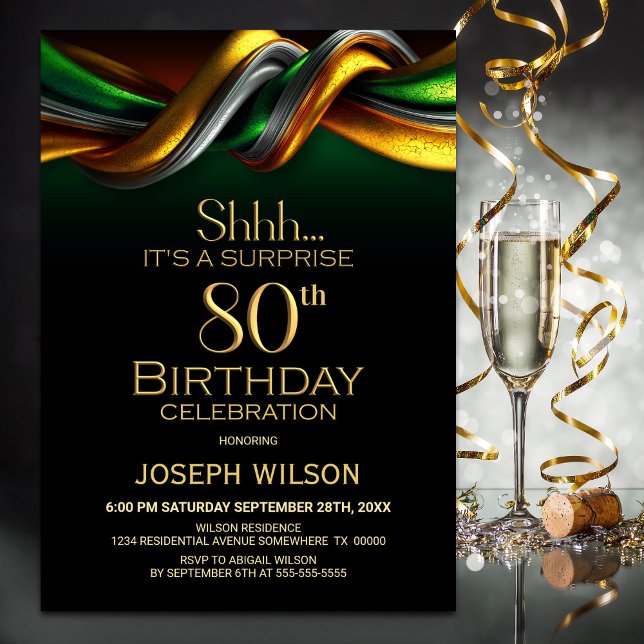 Modern Green and Gold Surprise 80th Birthday Party Invitation (Creator Uploaded)