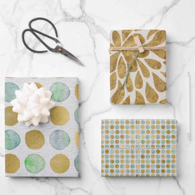 Modern Green and Gold Watercolor Wrapping Paper Sheet (Front)