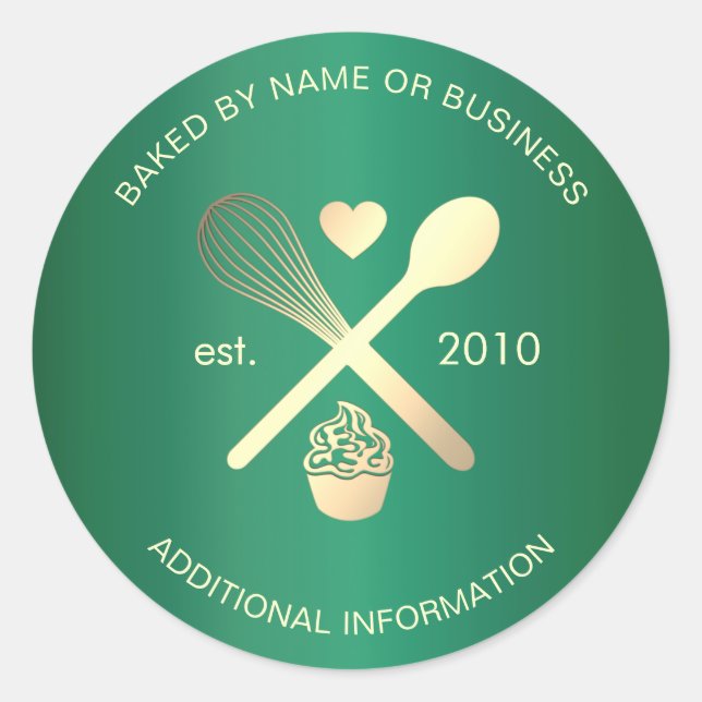 Modern Green and Light Gold Baker Cupcake Sweets Classic Round Sticker (Front)