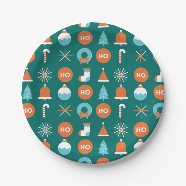 Modern Green and Orange Christmas Symbols Pattern Paper Plate (Front)