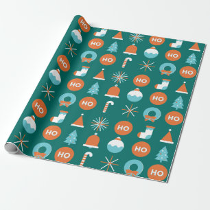 Modern Green and Orange Christmas Symbols Pattern Wrapping Paper