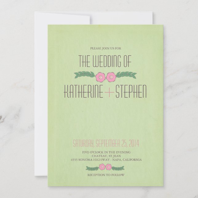 Modern  green and Pink Floral wedding invitation (Front)