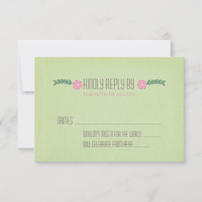 Modern  green and Pink Floral wedding RSVP card (Front)