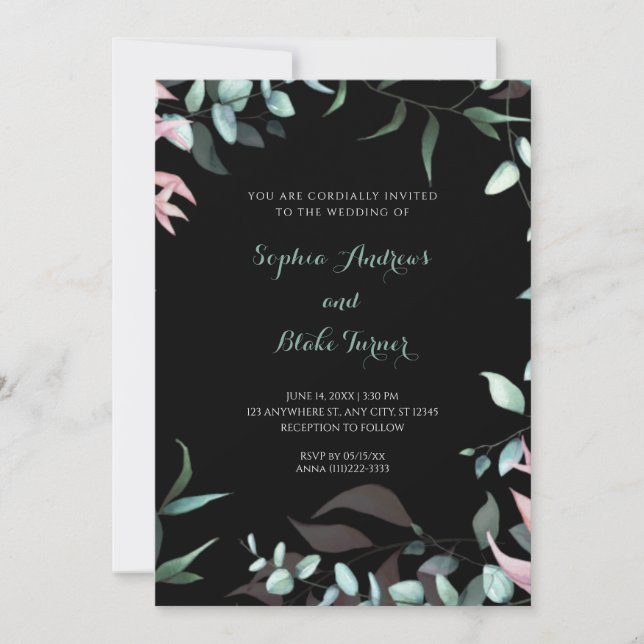 Modern Green and Pink Garden Leaves Wedding Invitation (Front)