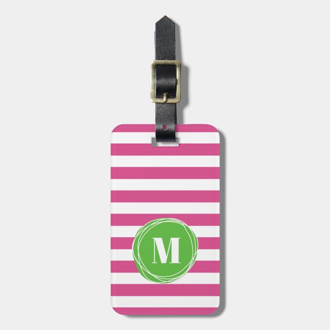 Modern Green And Pink Stripes Monogram Luggage Tag (Front Vertical)