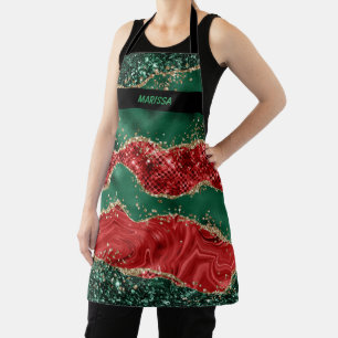 Modern Green and Red Glitter Customisable Name Apron